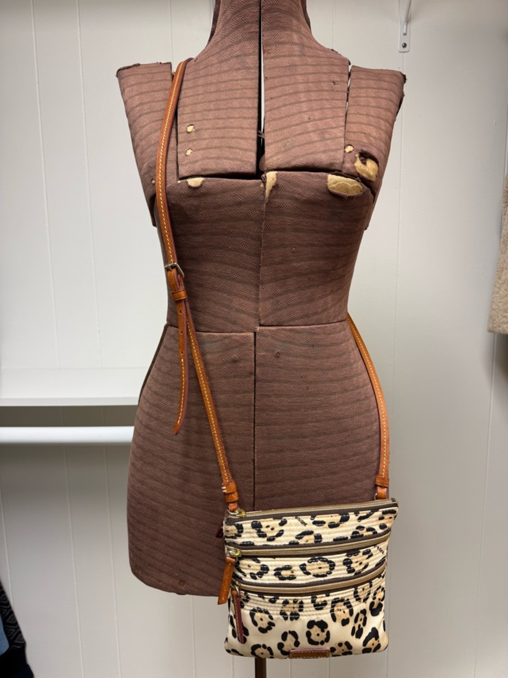 Dooney & Bourke Leopard Animal Print Nylon North South Triple Zip Crossbody Bag